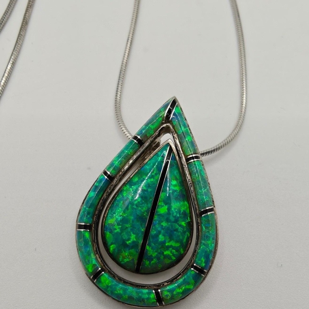 Sterling Silver Green Opal Inlay Teardrop Pendant Necklace Southwest Style 18.5" - Picture 9 of 9